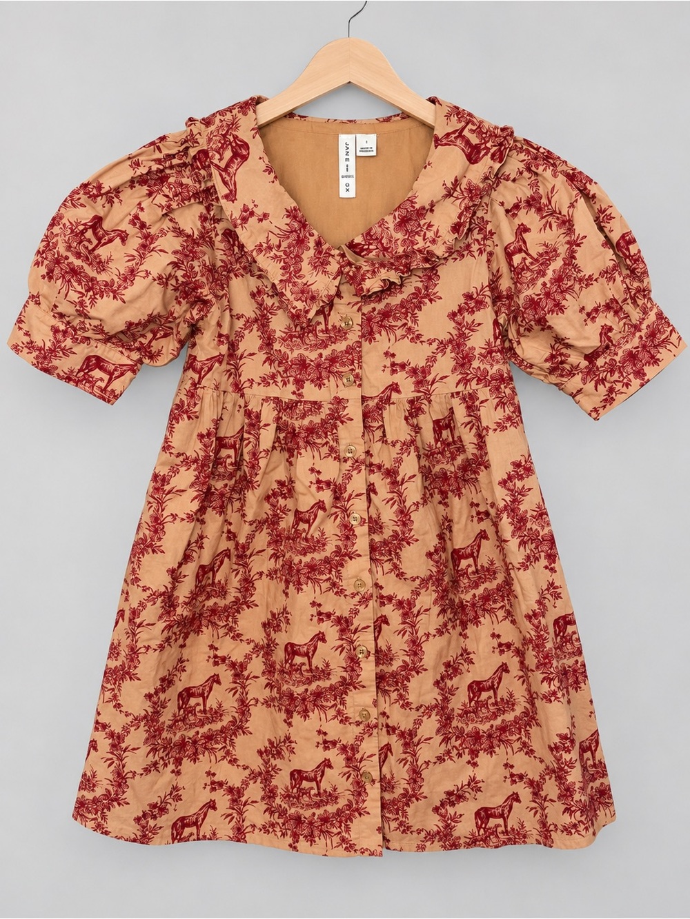 Janie and Jack Girls Size 7 Horse Toile Dress Tan Burgundy Cotton Puff Sleeve